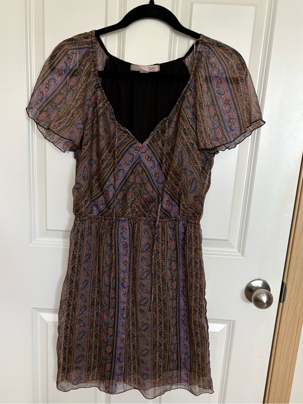 Love21 Brown and Purple Paisley V-Neck Mini Dress